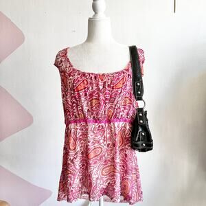 Vintage Pink Paisley Babydoll Top, Y2K Boho Cottagecore Festival Retro 3X‎